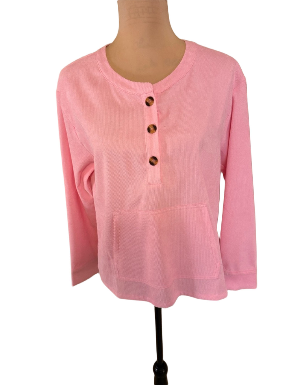 Cozy Pink Henley Pullover with Front Pocket